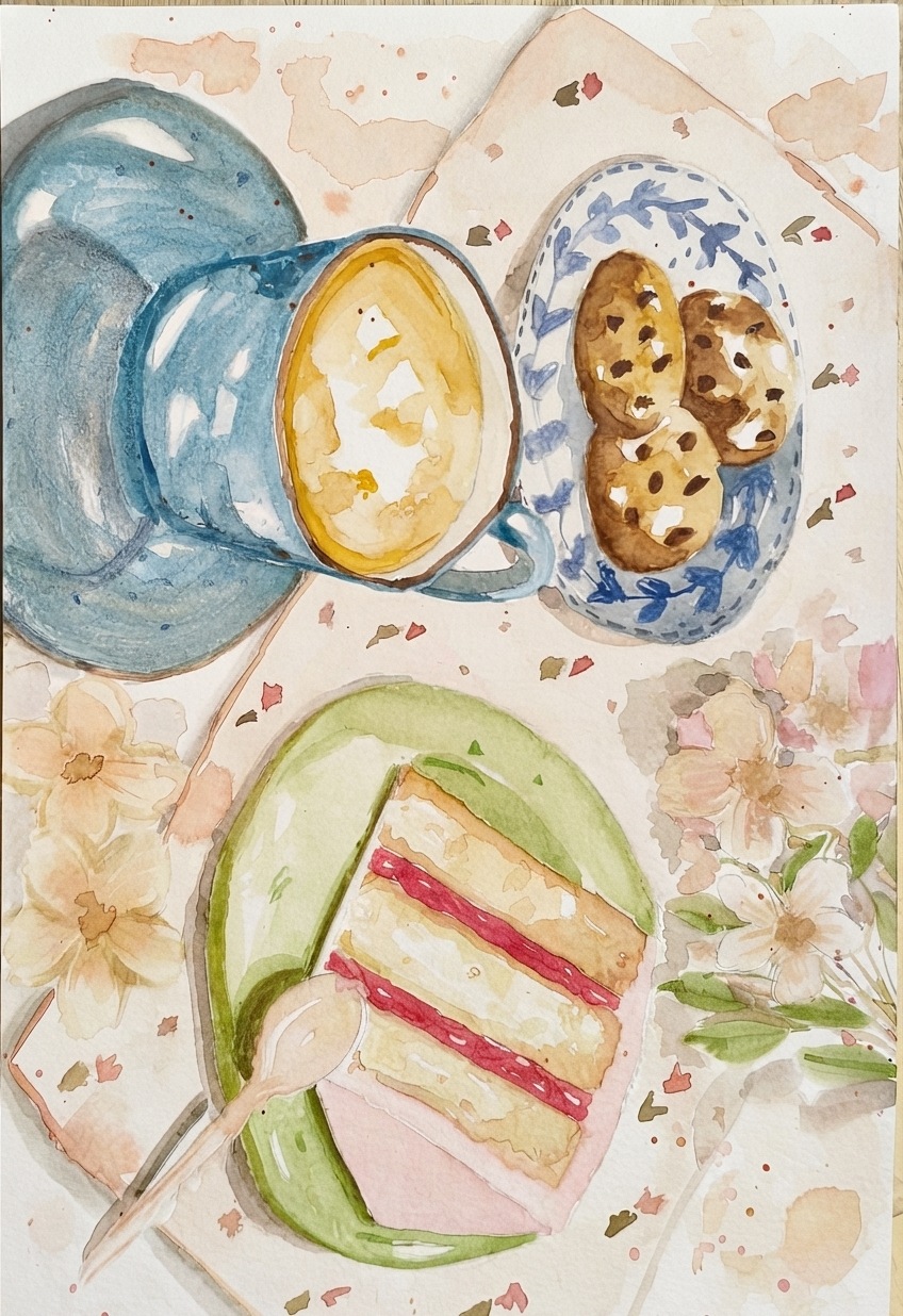 Acuarela de una merienda con torta y café