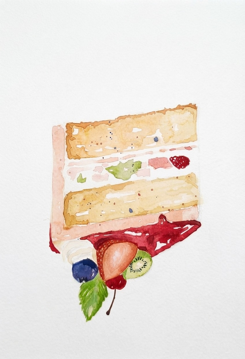 Acuarela de una porción de torta con frutas